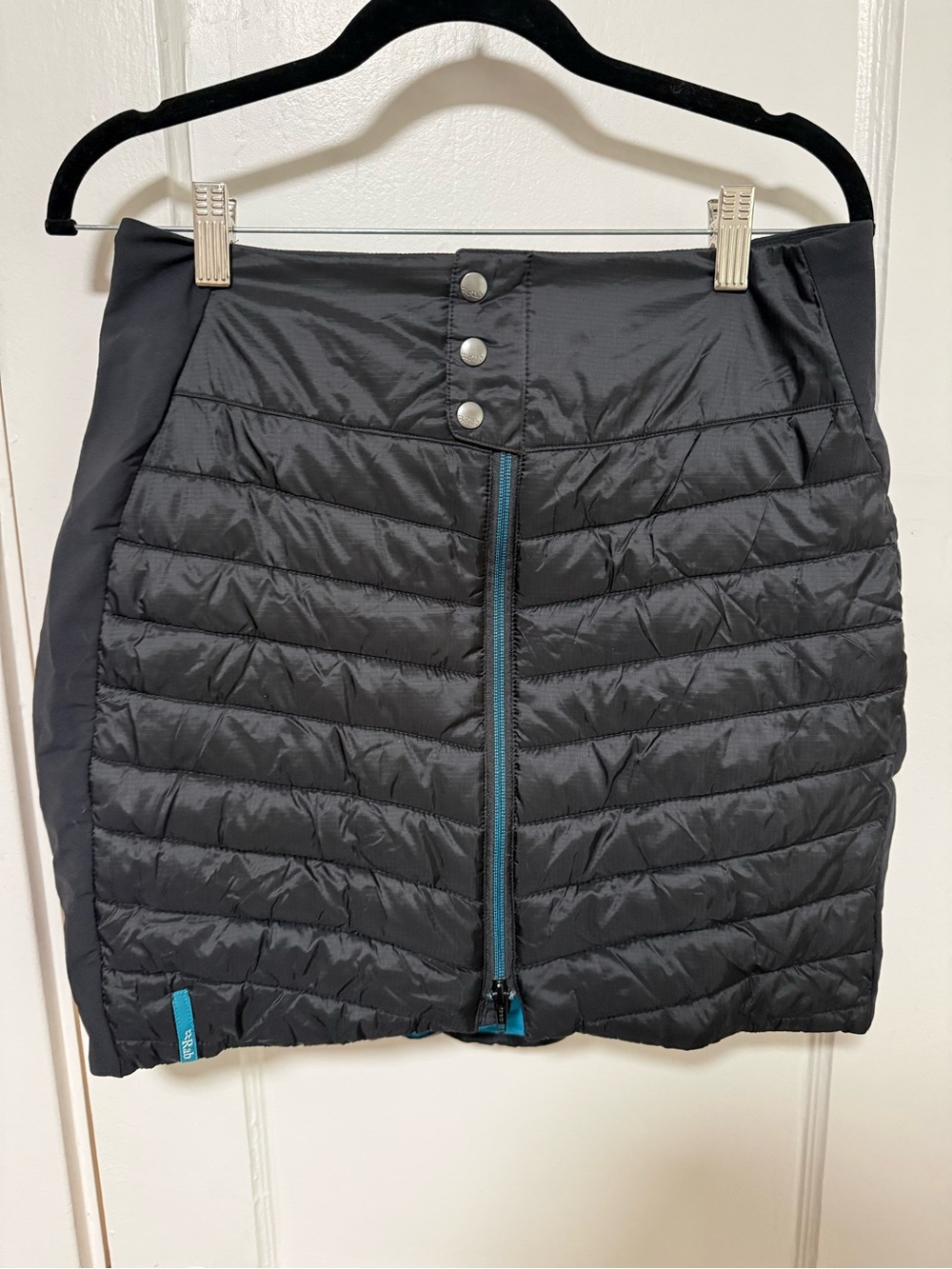 RAB Black Puffy Mini Skirt with Front Zip and Button Waist